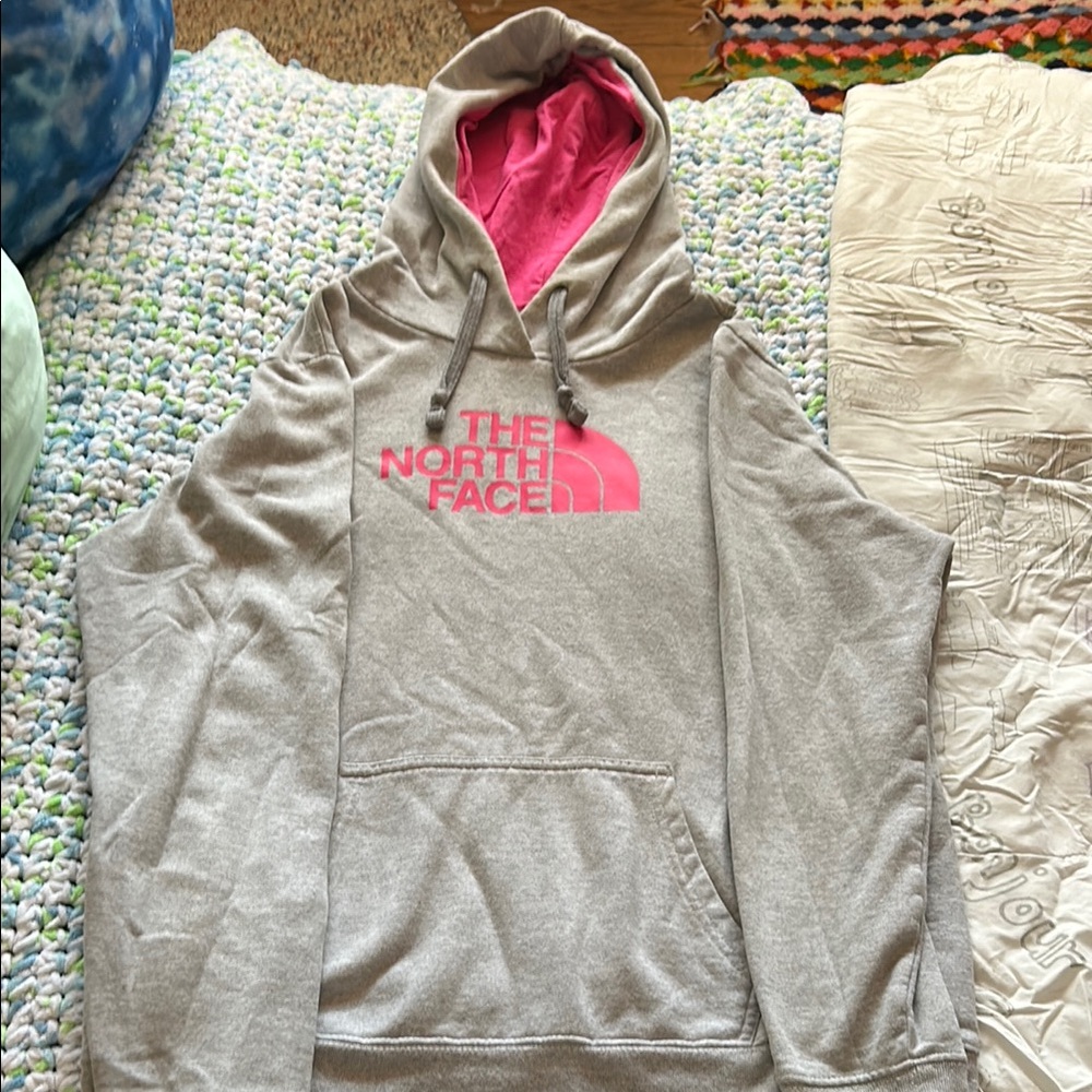 The North Face Gray Hoodie with Pink Logo